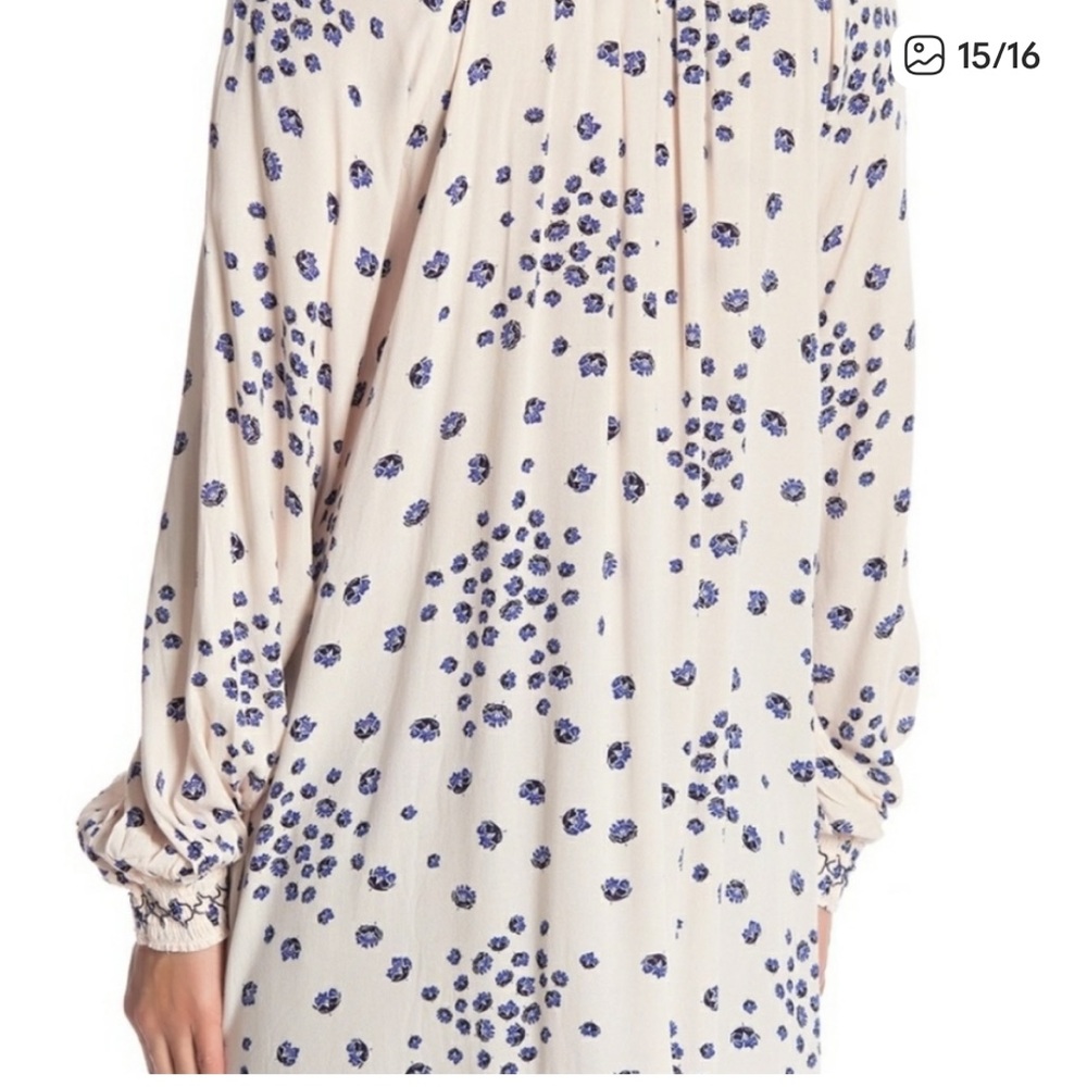 Free People - Cream Long Sleeve Smocked Yoke Tunic Blouse with Navy Floral Dots - Picture 3 of 9